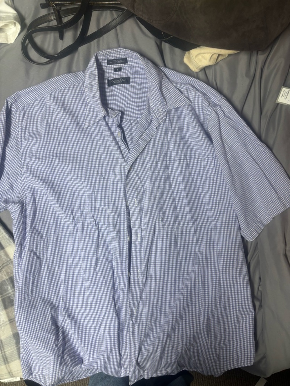 Dior Men's Light Purple Check Short-Sleeve Button-Down Shirt